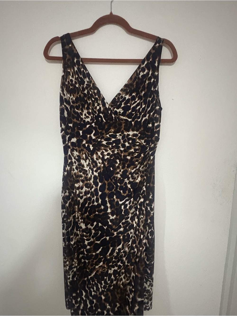 Ralph Lauren Leopard Print V-Neck Midi Dress in Brown and Black